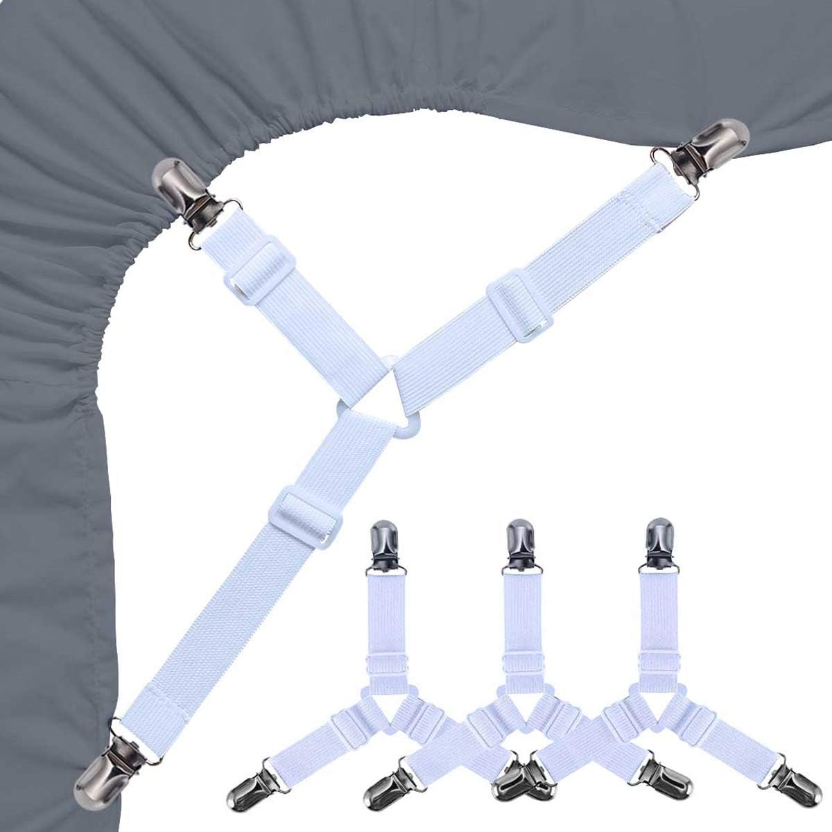 Bed Sheet Holders Straps Fasteners - 4 Pcs Triangle Sheet Fasteners Fitted Sheet Corner Holder Elastic Adjustable Band Sheet Holders Clip Suspenders Grippers(White)