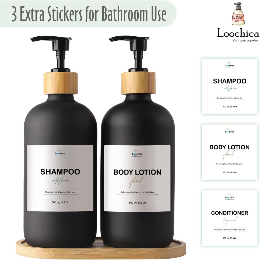 LOOCHICA 2 Pack Black Glass Soap Dispenser Set with Tray, Hand and Dish Glass Soap Dispensers for Kitchen Sink, Matte Black Soap Dispenser Suitable for Kitchen Sink, Rustic Kitchen Décor
