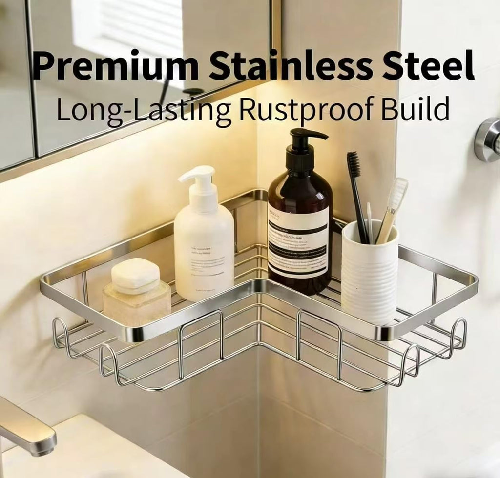 Shower Caddy 2 Pack, Stainless Steel No Drilling Adhesive Bathroom Organizer Shelf Rack, Corner Shower Shelf with Hooks for Home Decor & Storage