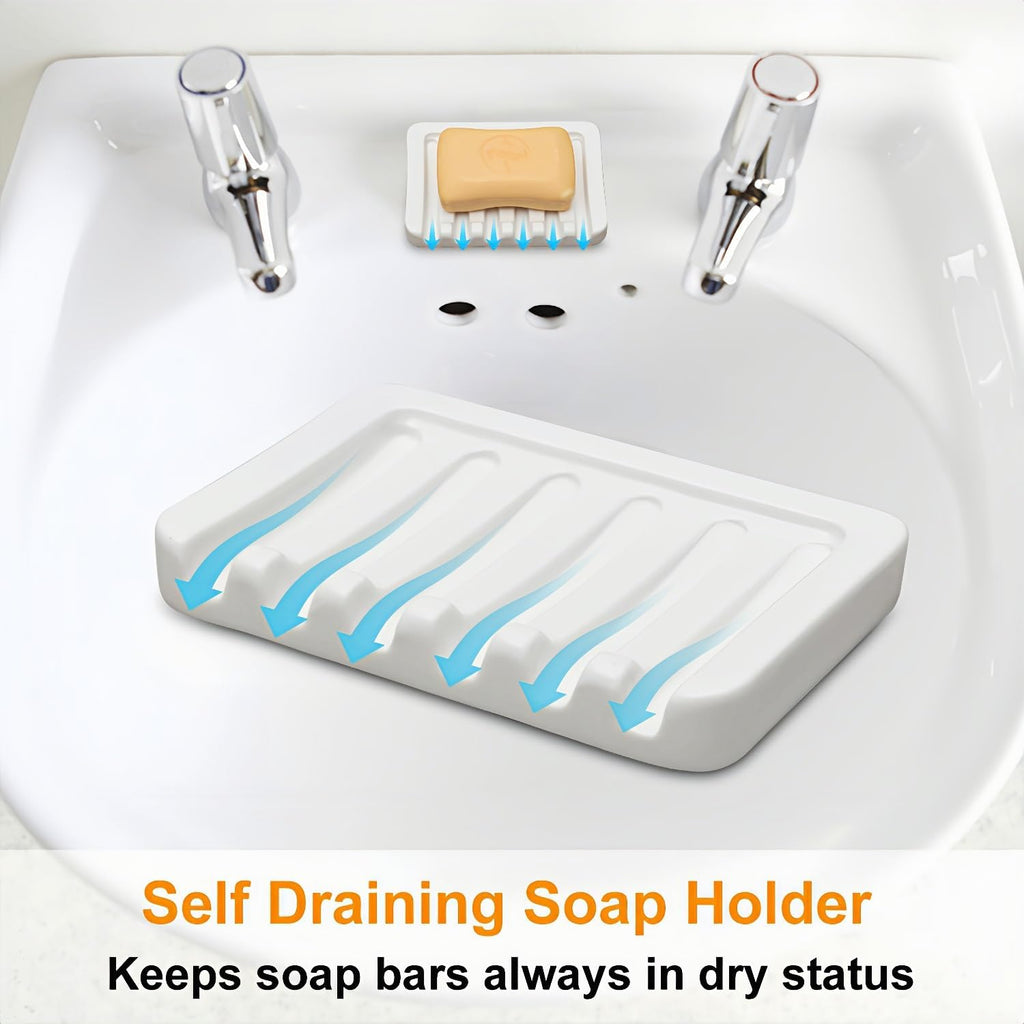 Self Draining Soap Dish, Ceramic Soap Holder for Shower, Vonpri Waterfall Bar Soap Case Saver Tray Sponge Organizer Keep Dry for Bathroom Kitchen Counter Sink (1, White)