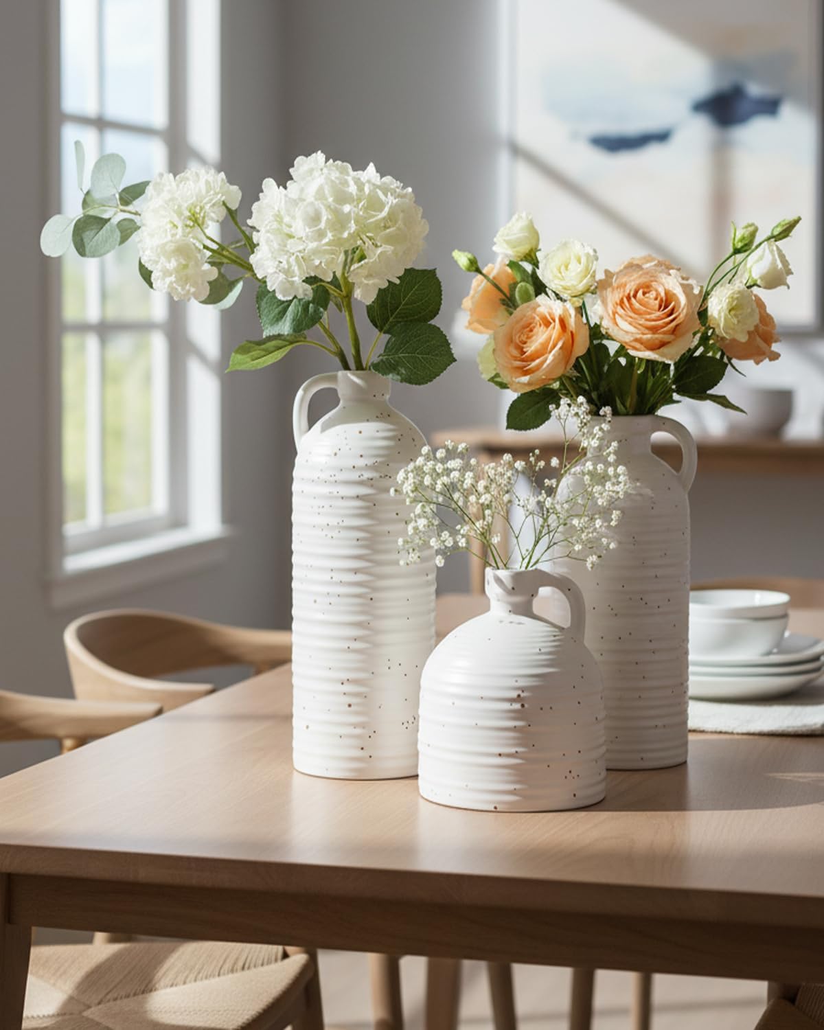White Polka Dot Vase Set of 3, Ribbed Jugs with Handles for Home Decor