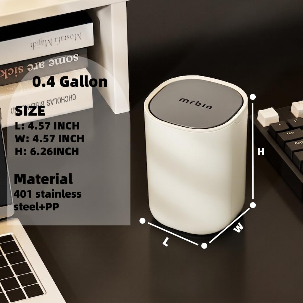 MRBIN Desk Mini Trash Can, 0.4 Gallon Table Top Plastic Waste Basket with Stainless Steel Lid, Small Garbage Bin for Car, Bedroom, Coffee Bar, Vanity Countertop, White