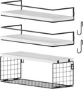3+3 Wall Mounted White Bathroom Shelf Over Toilet with Toilet Paper Storage Basket & Hooks, Bathroom Organizers and Storage, Hanging Corner Shelf Floating Shelves for Bathroom Wall Room Decor