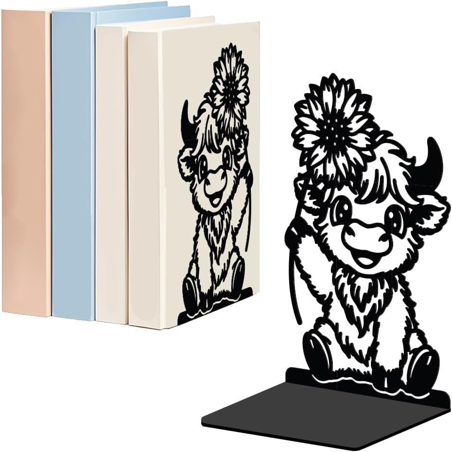 WADORN 1 Pair Metal Bookends, Highland Cow Design Heavy Duty Book Ends