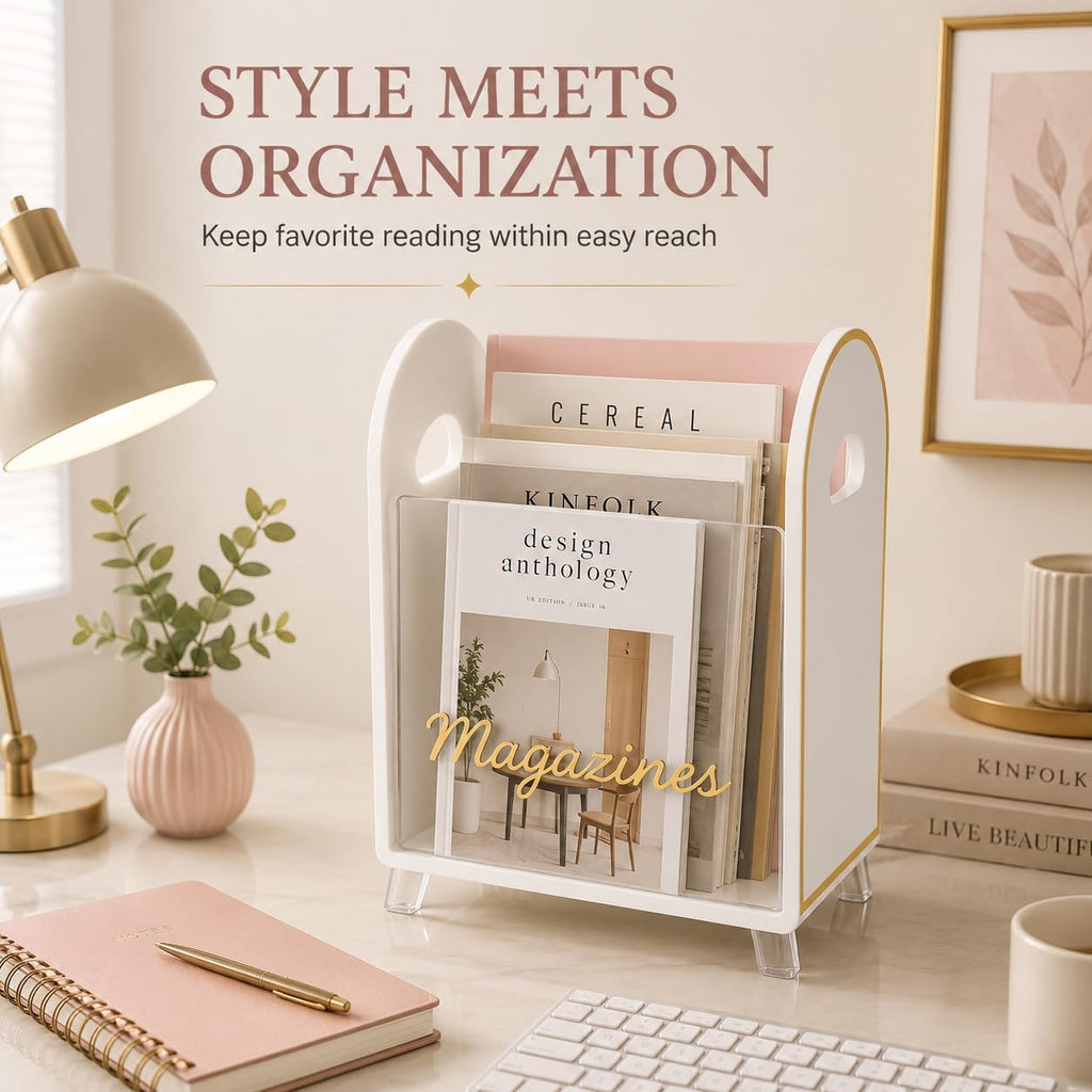Khen Acrylic Magazine Rack Holder & Gold Trim - 12.40" x 10" x 4.49" - Crystal Lucite Clear - Shatterproof - Open Top - Space Saver - For Magazines, Publications, Office Desk, Reception, Waiting Room