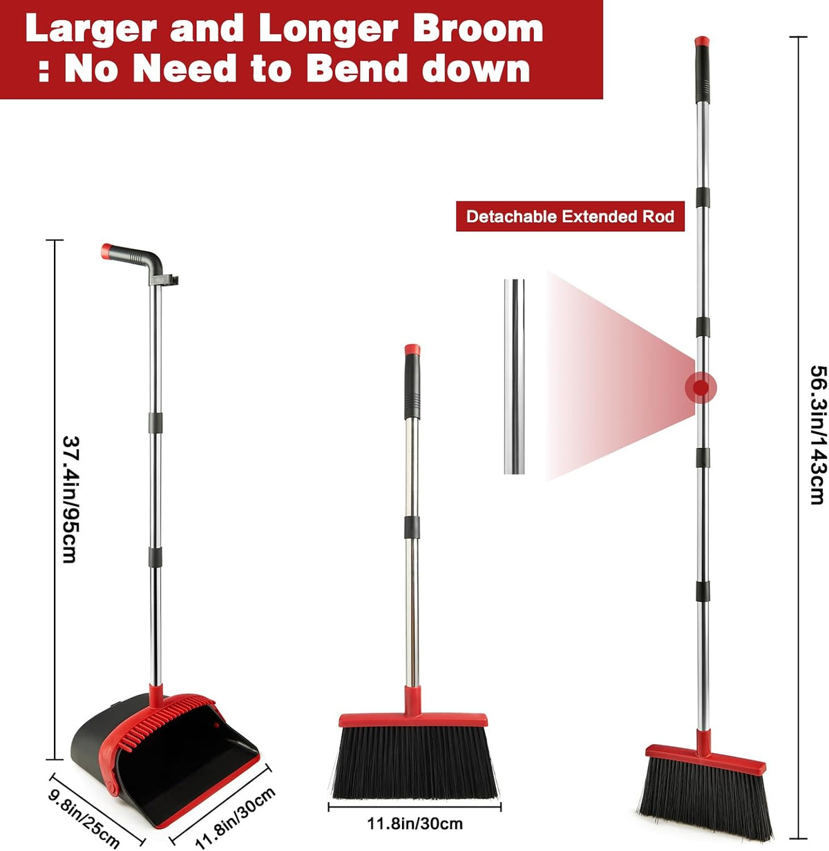 Broom and Dustpan Combo Set,Long Handle,Black Red