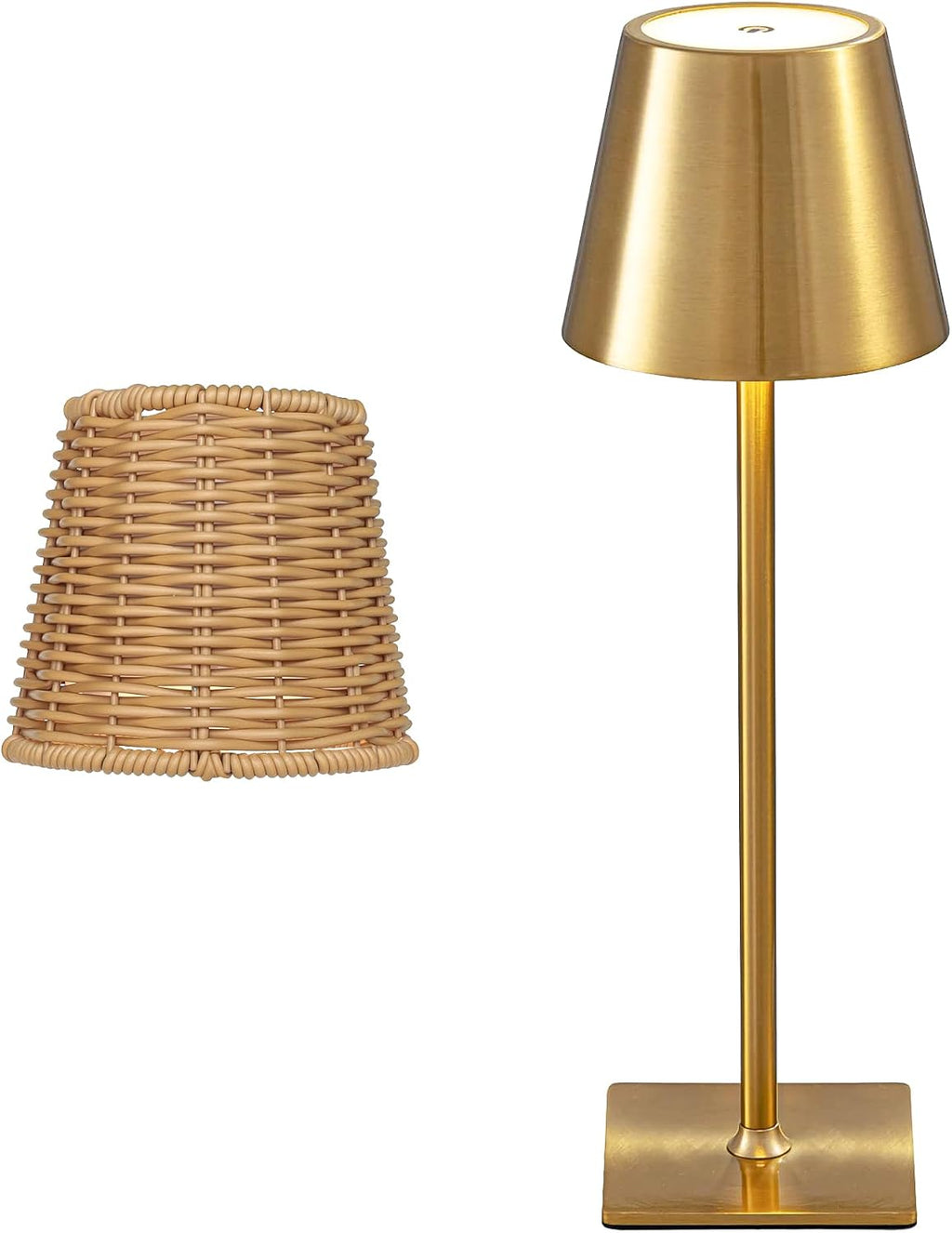 Waterproof Outdoor Rechargeable Cordless Table Lamp with Wicker Shade, Battery Operated Portable Table Light with Adjustable Height Pole, for Patio Restaurant Kitchen Dinner (Gold)