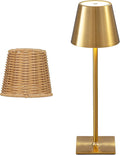 Waterproof Outdoor Rechargeable Cordless Table Lamp with Wicker Shade, Battery Operated Portable Table Light with Adjustable Height Pole, for Patio Restaurant Kitchen Dinner (Gold)