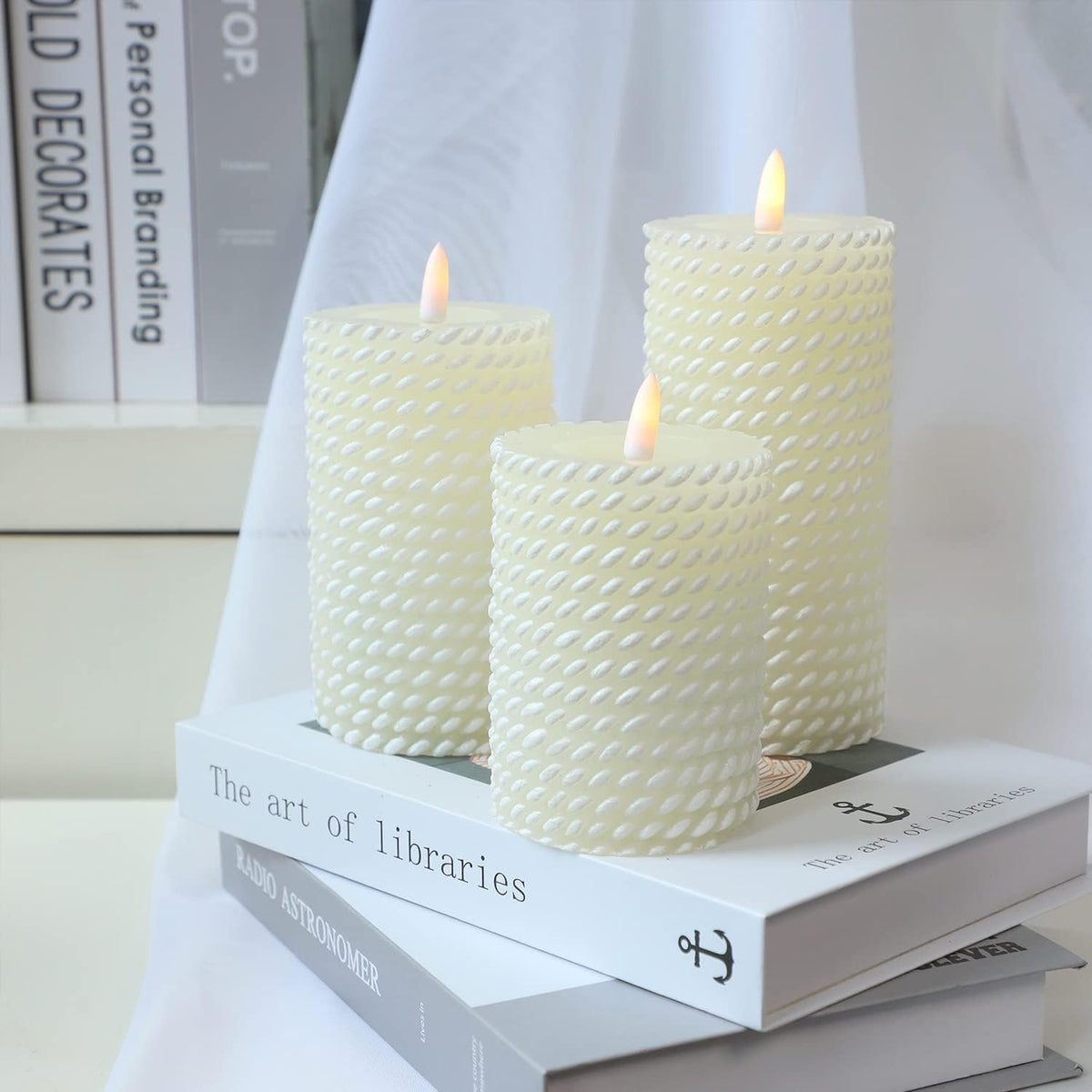 Crystal Club White Flameless Candles, Corded Pattern Carving Design