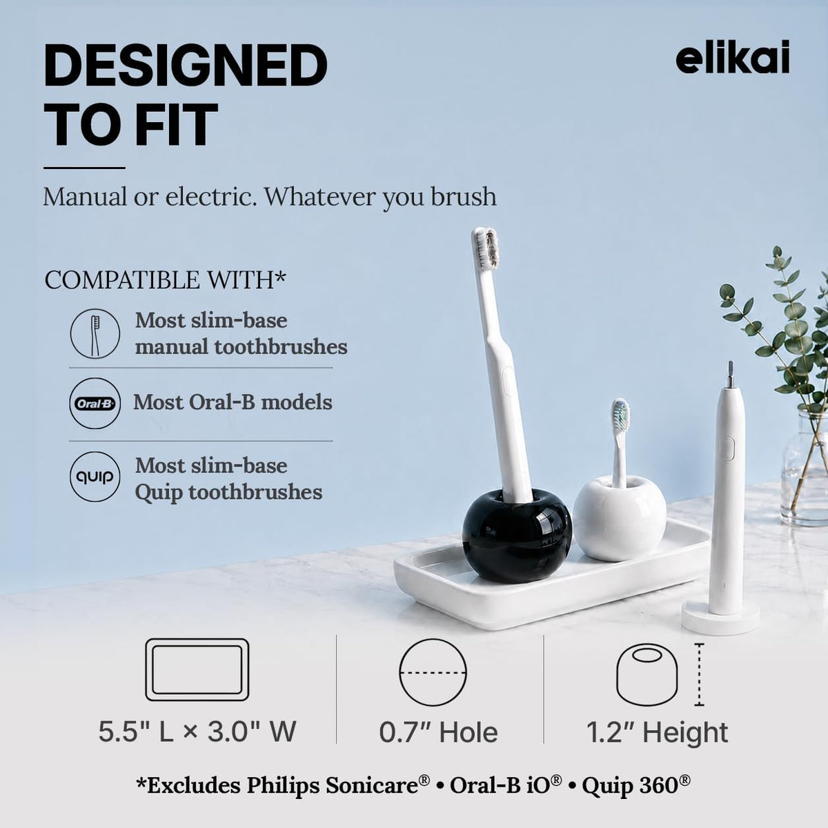ELIKAI Ceramic Toothbrush Holders with Bathroom Tray, Countertop Organizer for Toothbrushes and Accessories, Hygienic Individual Holder Set (Black & White, 2 Pack)