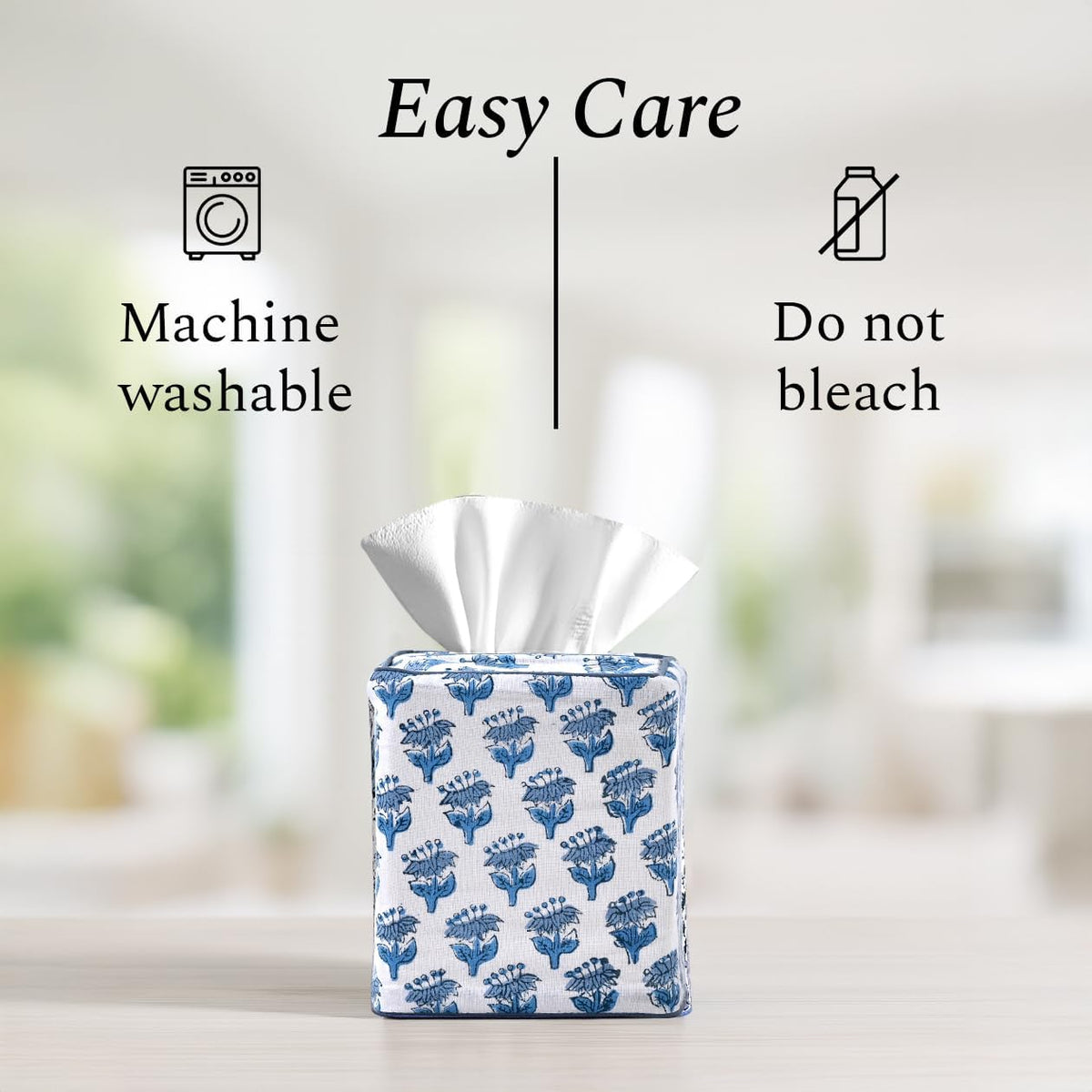 CPC 100% Cotton Piping Block Print Tissue Box Cover, Apatite Blue