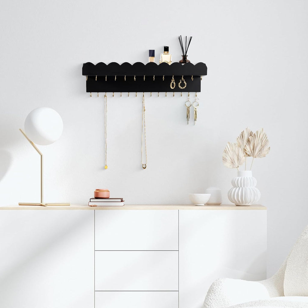 Wall Mount Jewelry Organizer with 28 Hooks and Cosmetics Shelf, Modern Wood Hanging Jewelry Holder for Necklaces, Bracelets, Earrings and Rings, Black