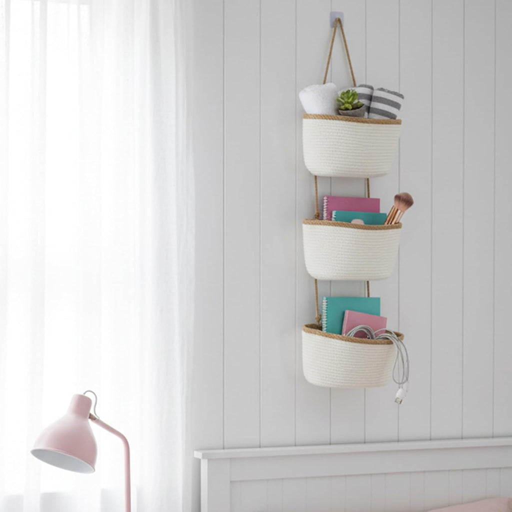 TeoKJ Over the Door Hanging Storage Basket Wall Organizer White&Dark Brown