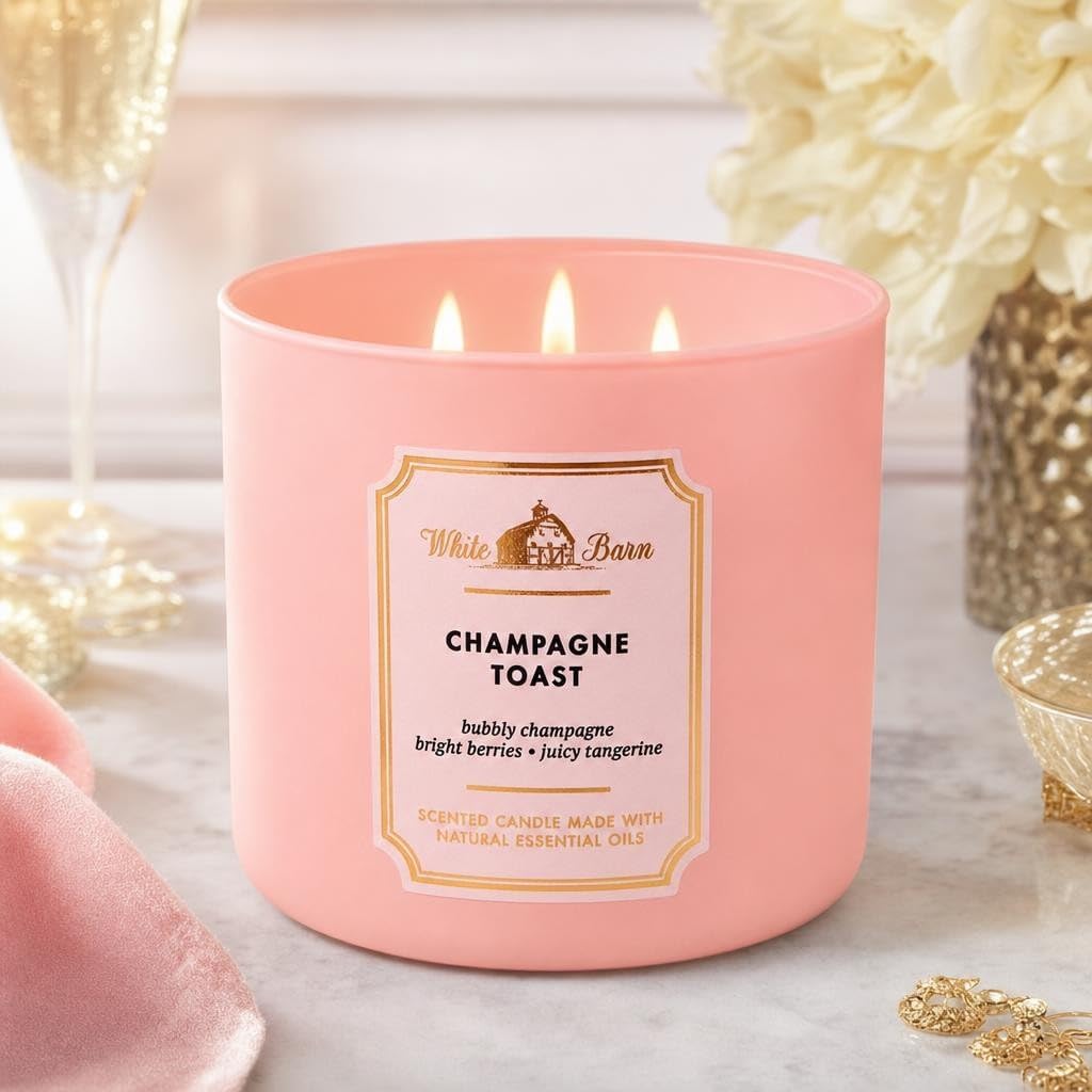 Bath and Body Works White Barn Champagne Toast 3 Wick Candle 14.5 Ounce Basic White Barn Label