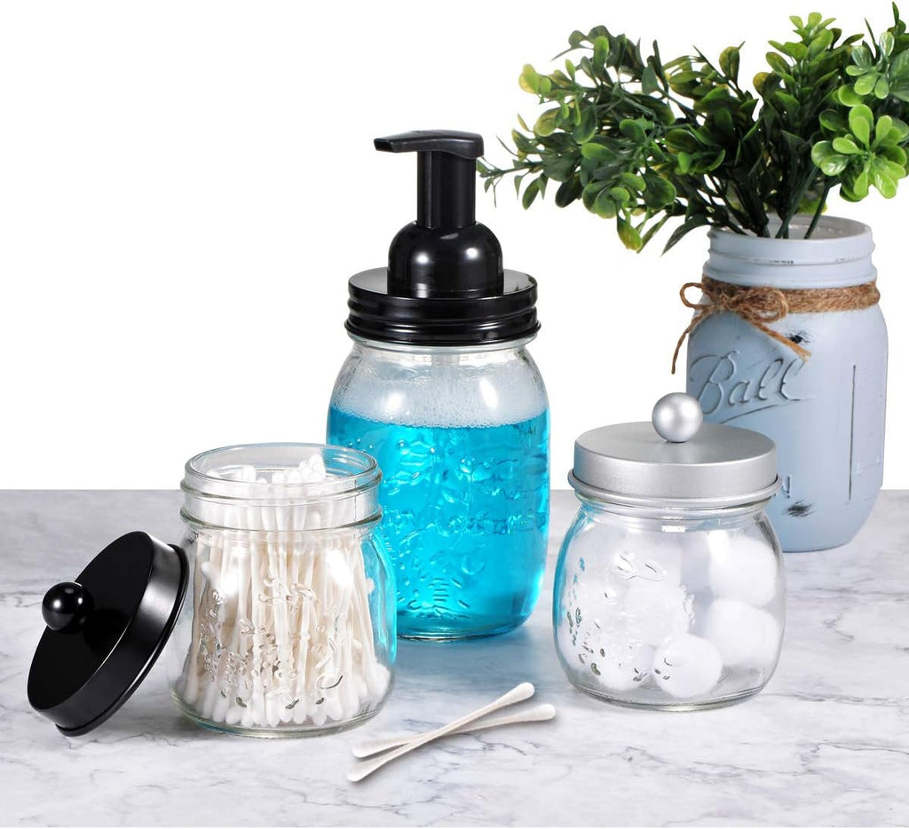 SheeChung Small Glass Mason Jar Qtip Holder with Black Stainless Steel Lid