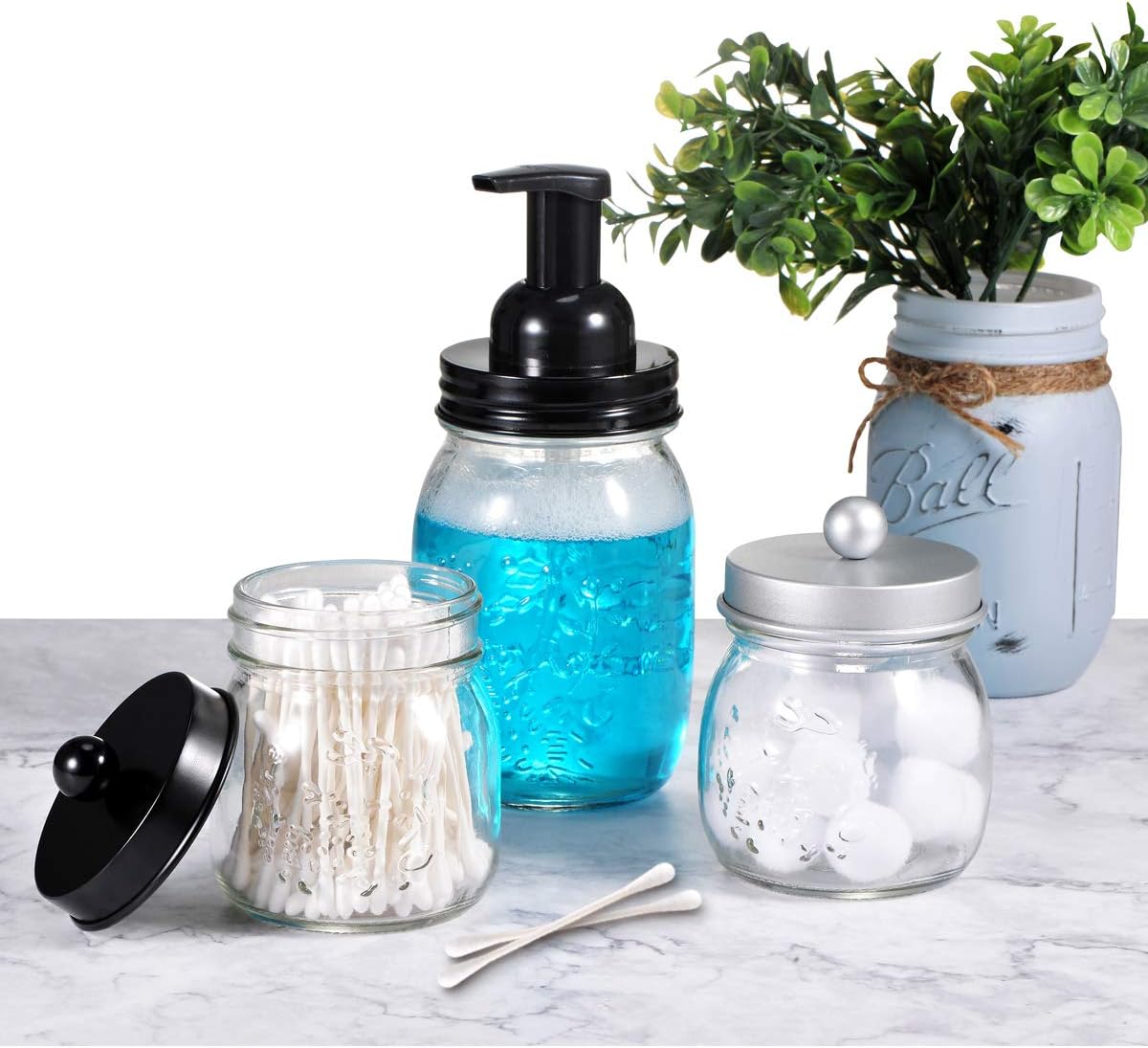 SheeChung Small Glass Mason Jar Qtip Holder with Black Stainless Steel Lid