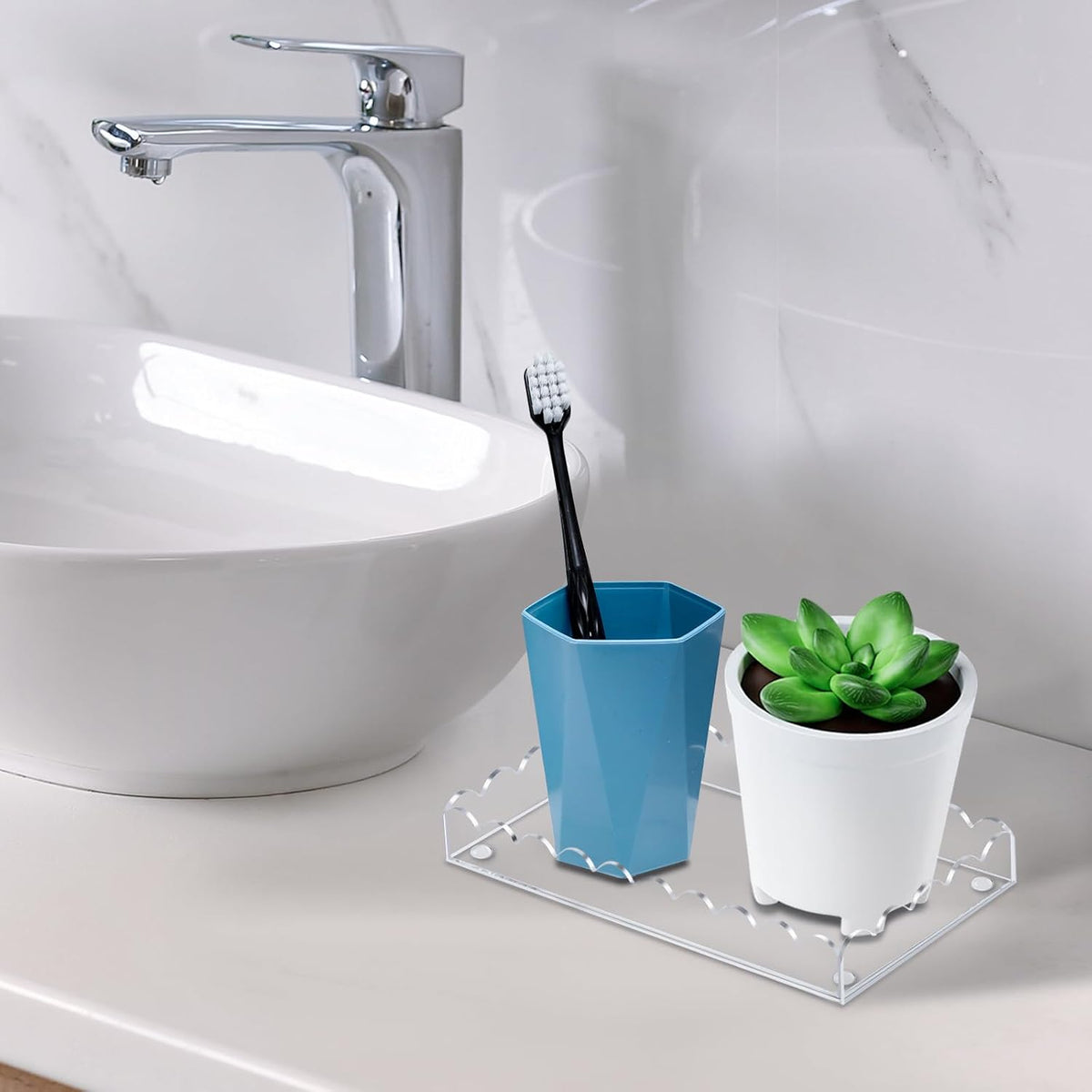 Acrylic Bathroom Vanity Tray 7.9", Soap Dispenser Decorative Scalloped Tray