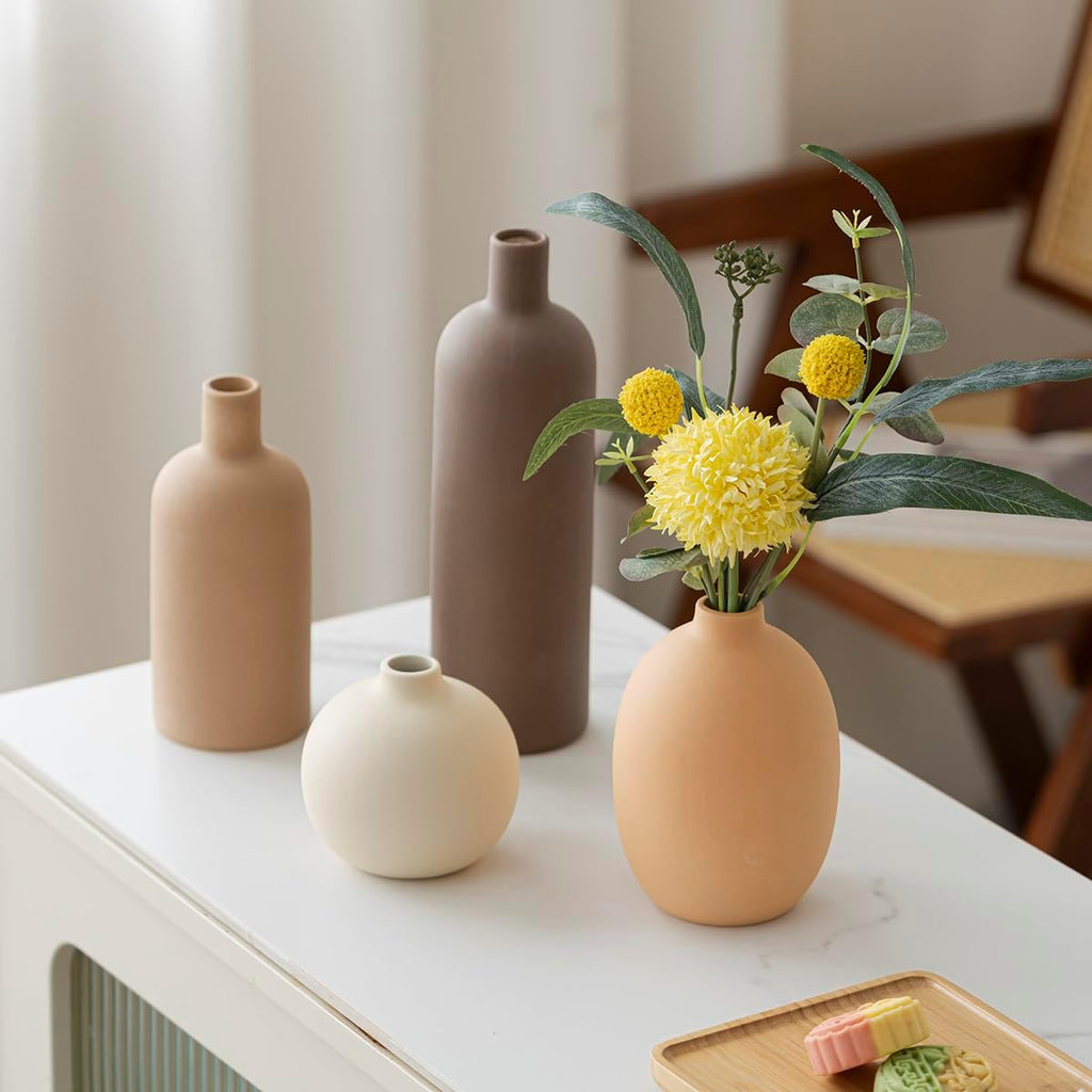 Modern Ceramic Vase Set, Neutral Colors, Decorative Vases for Home Shelf Decor, 4 Piece Collection, Happy Birthday Gifts for Women Mom Her Friend Sister Wife Grandma, Self Care Gift (Coffee Mix set 4)
