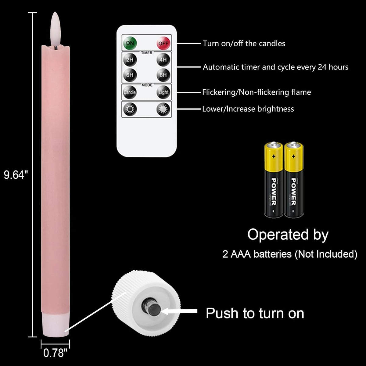 GenSwin Flameless Taper Candles LED Battery Operated Remote Timer Pink