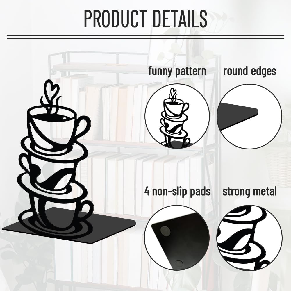WADORN 1 Pair Coffee Cup & Saucer Metal Decorative Bookend for Shelves, Heavy Duty Book Ends Modern Non-Skid Books Holder Stand Black Book Support Stoppers for Office Desk Bookshelf, 5.3x4.3x7.8 Inch