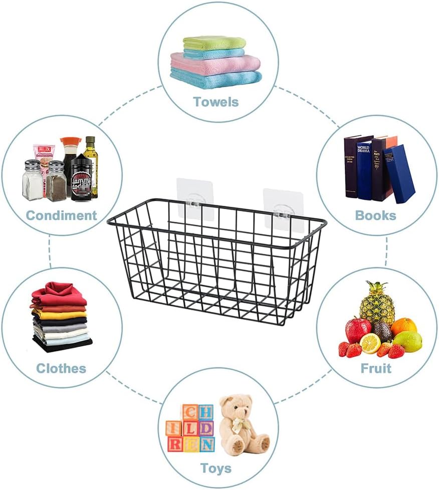 JUNCHU CHERRY 5 Pack Hanging Storage Basket, Bathroom Basket, Household Goods, with Traceless Tape, no Drilling, for Cabinet Storage, Kitchen, Bathroom, Storage Room,Black