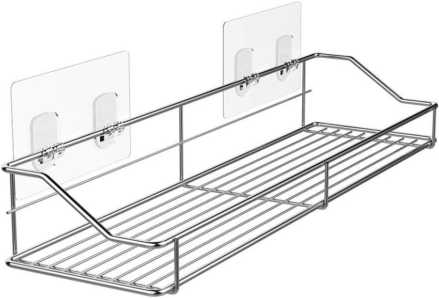 Orimade Bathroom Shelf Organizer Shower Caddy Storage Kitchen Rack with Traceless Transparent Adhesive No Drilling SUS304 Stainless Steel, 15.75 inch, Silver