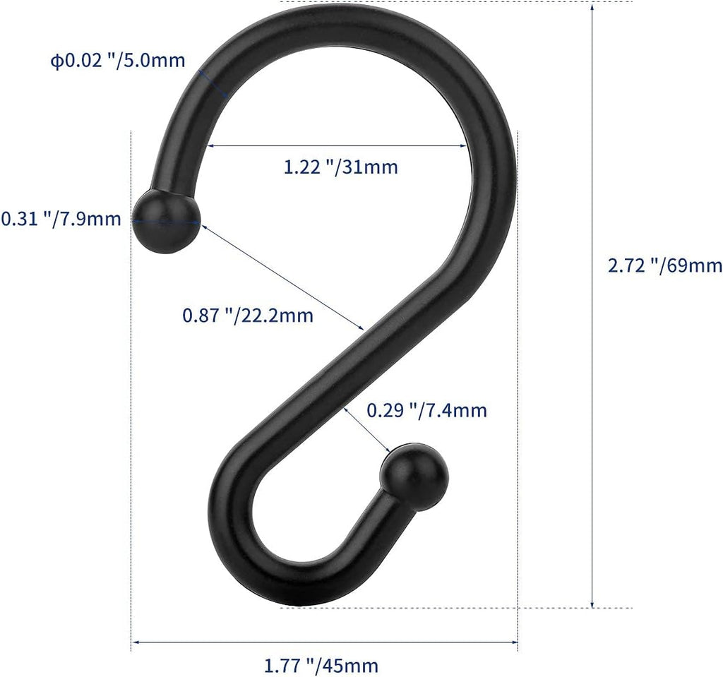 Metal Shower Curtain Hooks，Set of 12 Rings，Rust Resistant S Shaped Hooks Hangers for Kitchen Utensils, Clothing, Towels, etc. (Black)