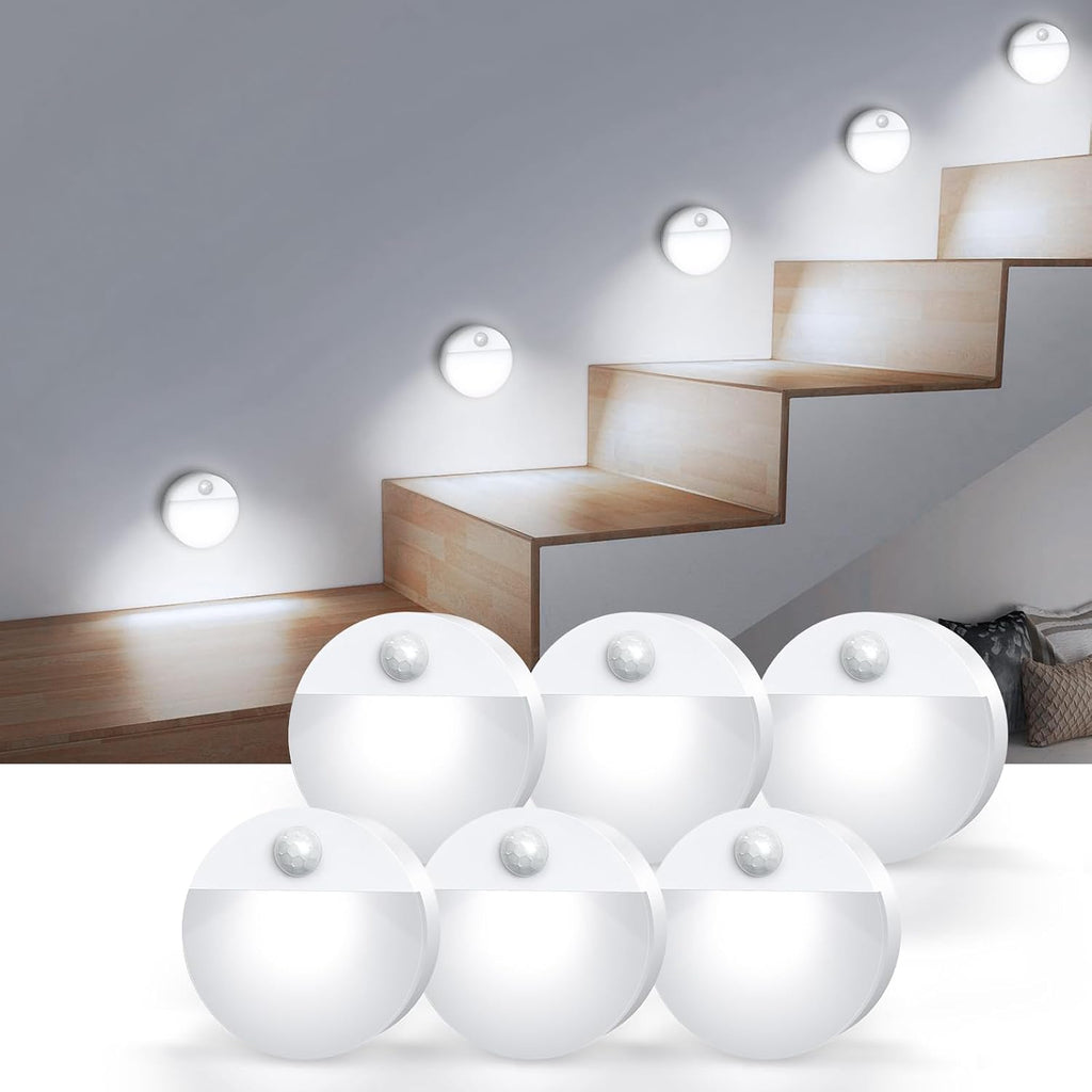 AMIR Upgraded Mini Motion Sensor Light Battery-Powered, Cordless Stick-on LED Night Light, Wall Light, Closet Lights, Safe Lights for Stairs, Hallway, Bathroom, Kitchen, Cabinet (Pack of 6 - White)