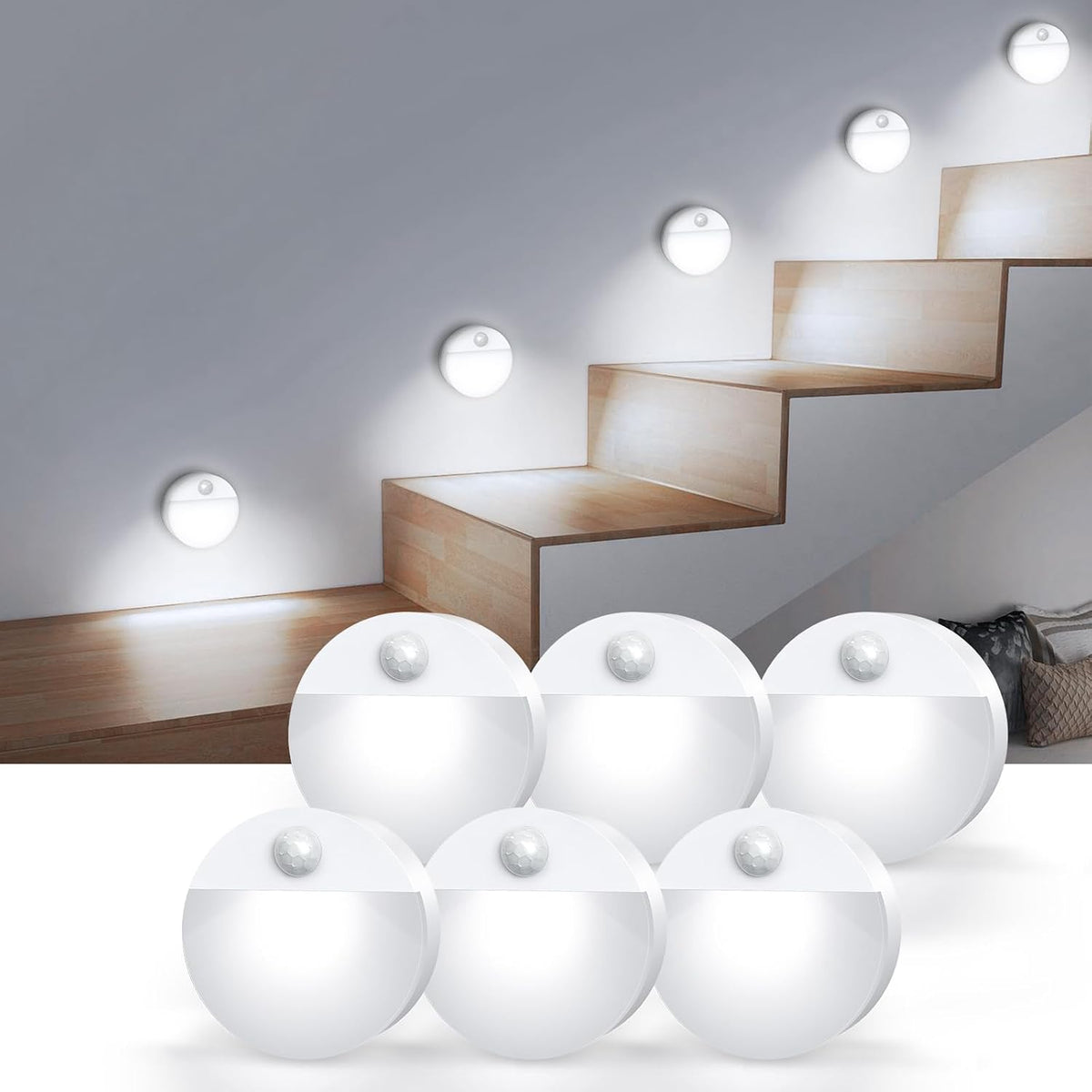 AMIR Upgraded Mini Motion Sensor Light Battery-Powered, Cordless Stick-on LED Night Light, Wall Light, Closet Lights, Safe Lights for Stairs, Hallway, Bathroom, Kitchen, Cabinet (Pack of 6 - White)