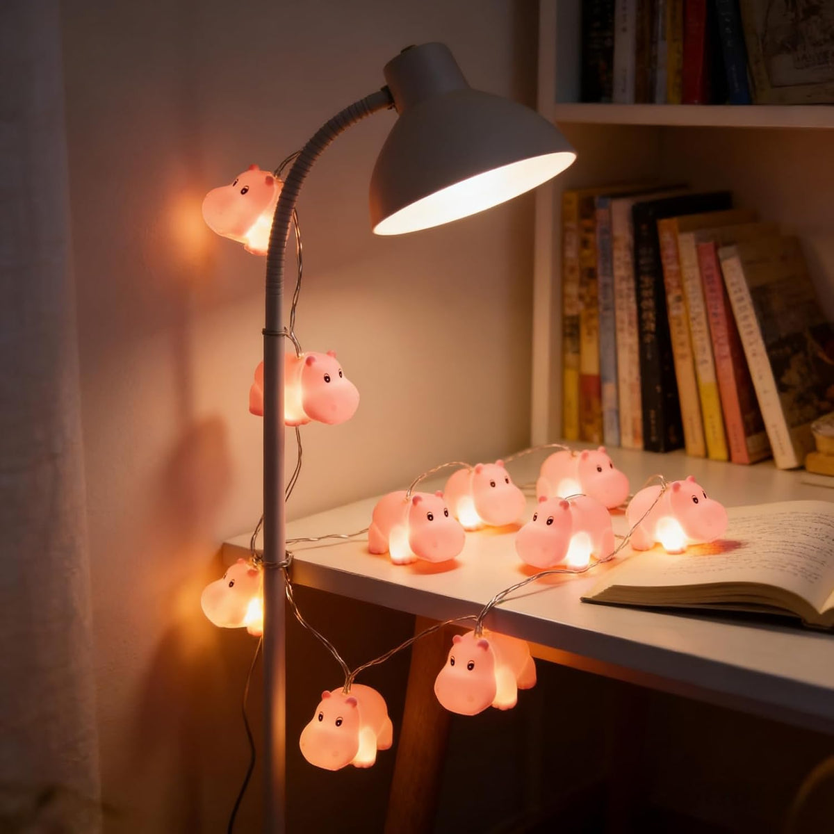 Cute Pink Hippo String Lights, 4.9Ft/1.5M, 10 LED, Battery Operated