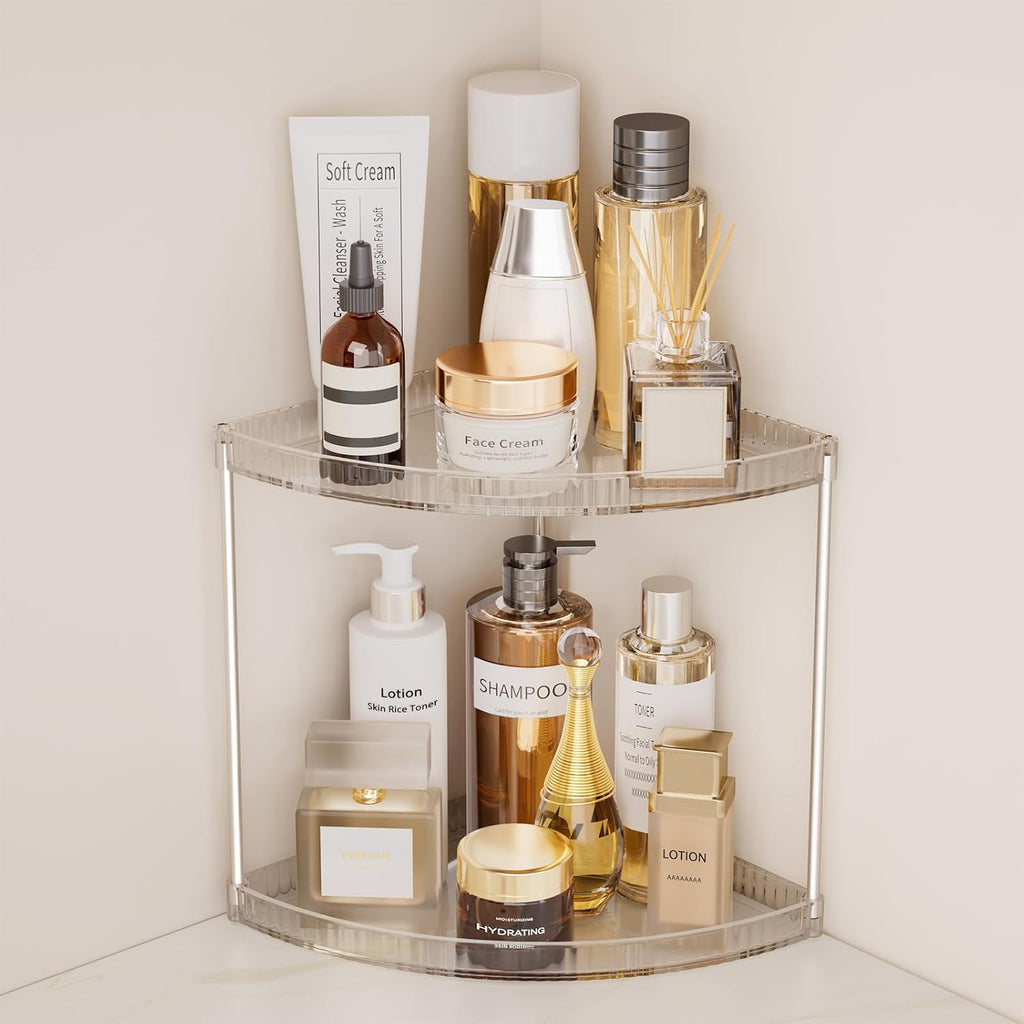 2 Tier Corner Bathroom Counter Organizer, Clear Vanity Makeup Storage Shelf