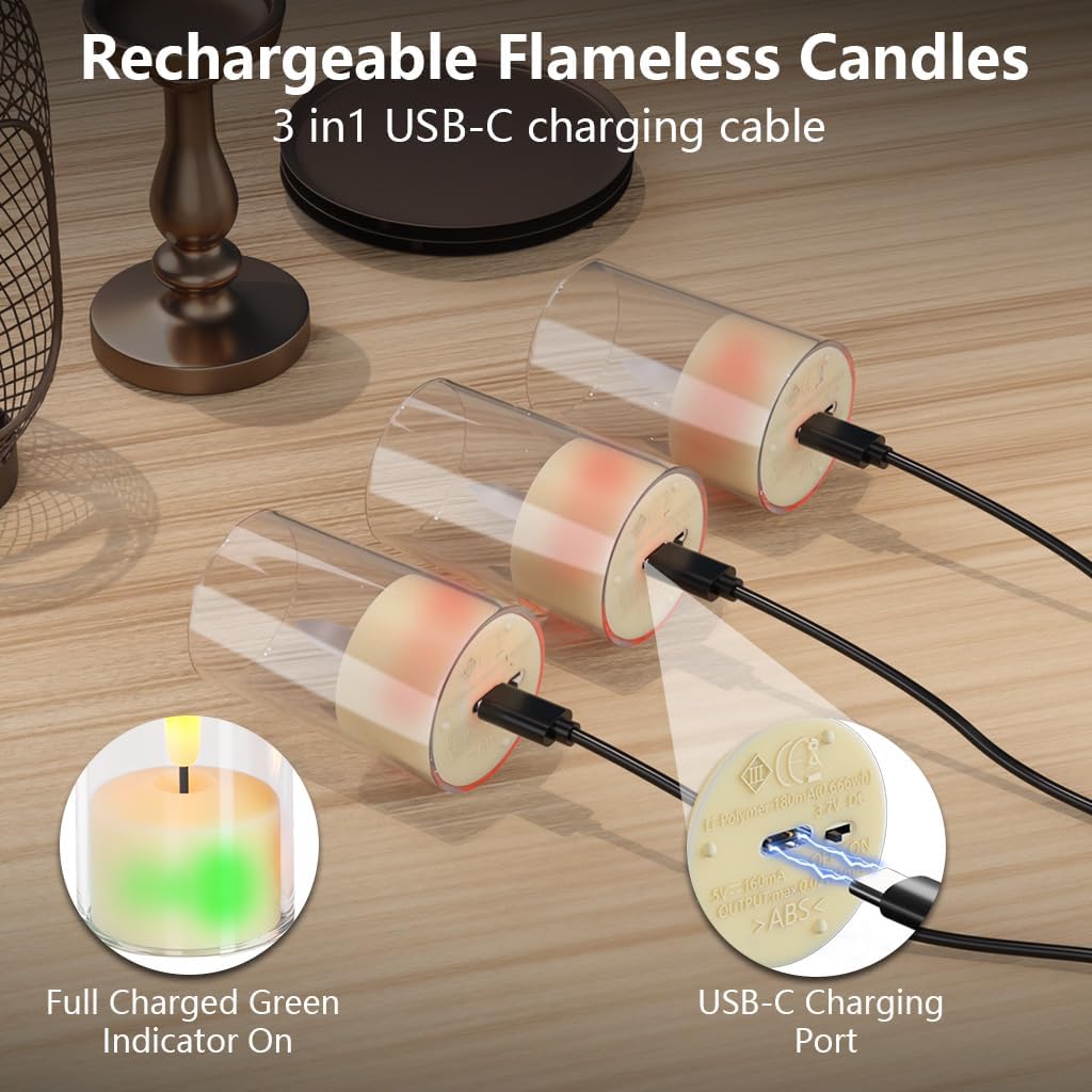 Rechargeable Flameless Tea Light Candles with Remote Timer,Clear Acrylic LED Votive Candles,USB-C Fast Charging,60+ Hour Runtime,Dimmable Flickering&Steady Glow for Home,Wedding,Holiday Decor,6 Pack