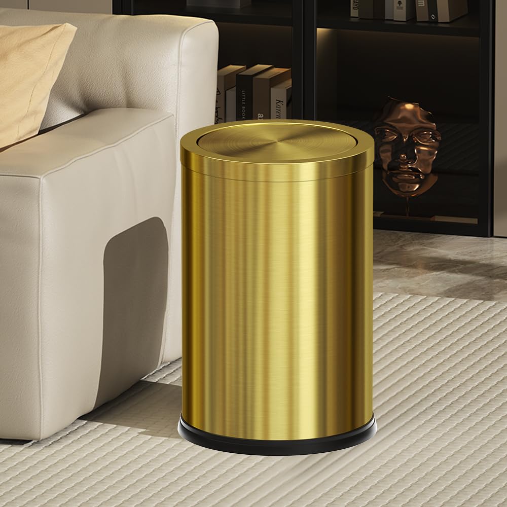 18L/4.7GAL Gold Bathroom Trash Can with Lid,Brass Garbage Can with Flipping Lid,Brushed Stainless Steel for Bedroom,Living Room,Office,Guest Room (4.7gal-Gold)