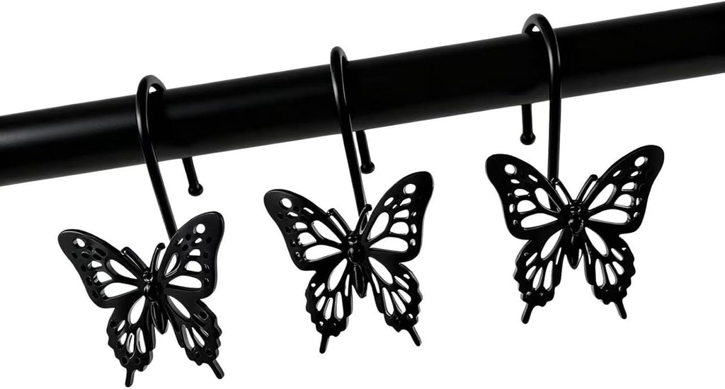 12PCS Decorative Shower Curtain Hooks, Metal Shower Curtain Rings, Rustproof Shower Curtain Hanger for Bathroom, Elegant Butterfly Design (Black)