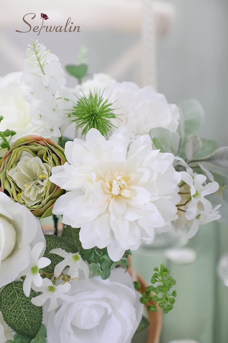 Serwalin White Artificial Flowers Combo, Silk Rose Flowers for Wedding