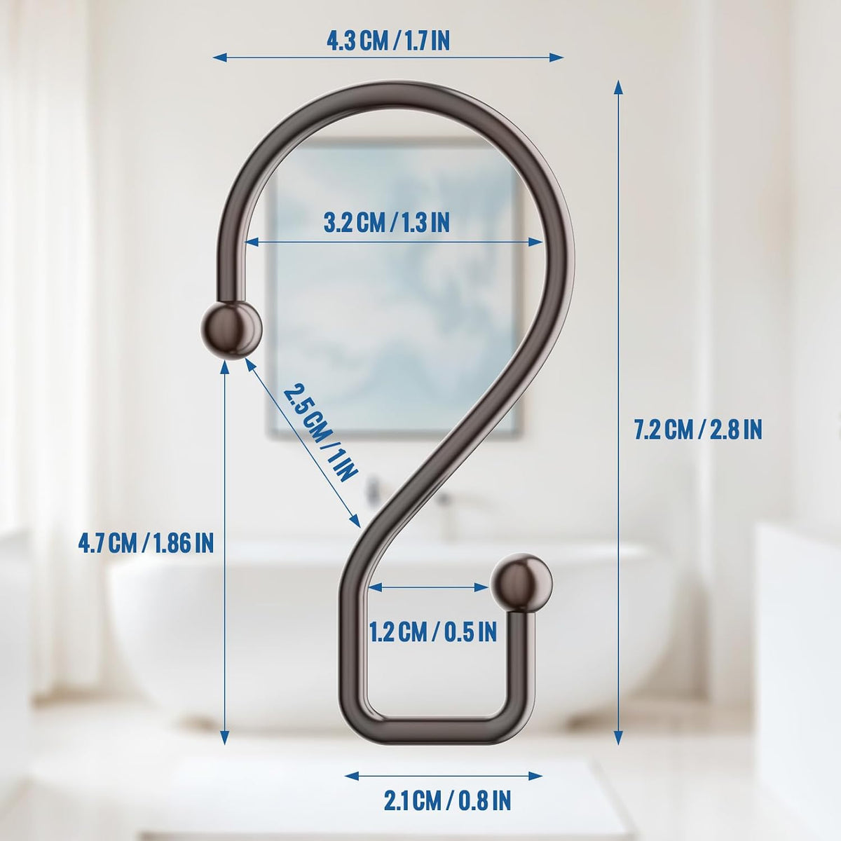 Goowin Bronze Metal Shower Curtain Hooks Rings, S Shape Metal Shower Curtain Rings Rust Proof Shower Curtain Hangers, Heavy-Duty Multi-Functional Shower Hooks for Shower Curtain, Bronze, 12 Pack