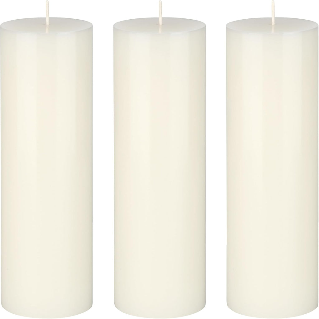 Mega Candles 3 pcs Unscented Solid Off White Pillar Candles, Hand Poured Premium Wax Candle 3 Inch x 9 Inch, Home Décor, Spas, Weddings, Occasions, Party, Centerpieces, Holidays, Vigils, Prayers