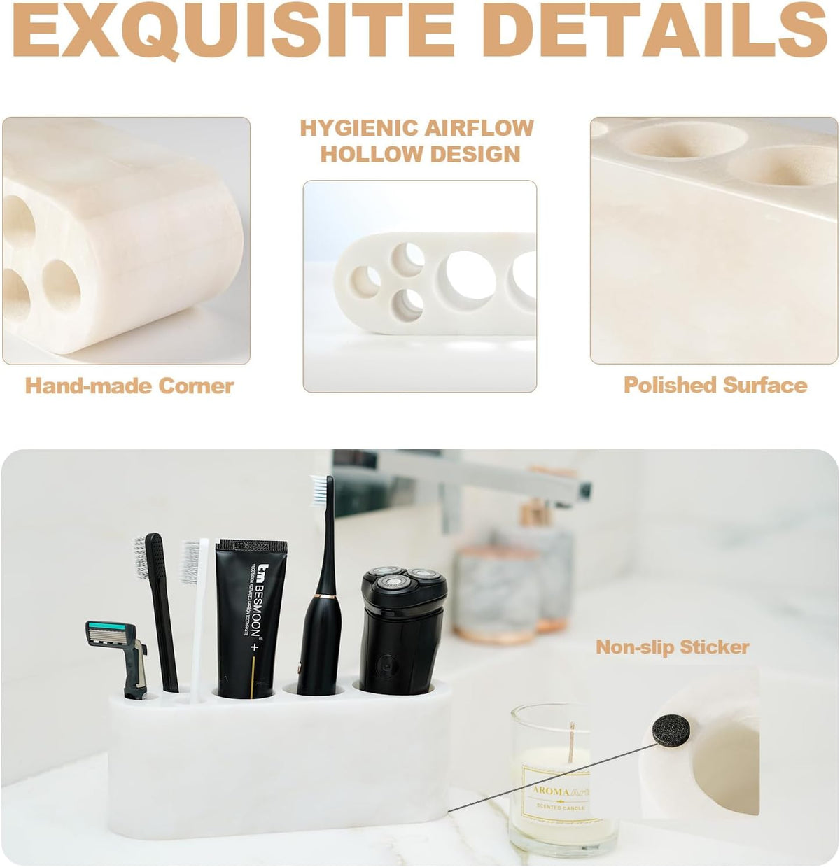 BCS Toothbrush Holder for Bathrooms, 6 Slots Open-Bottom Marble Toothbrush and Toothpaste Holder Stand Bathroom Organizer Countertop for Electric Toothbrush, Floss, Razor, Comb - Karibib Ice