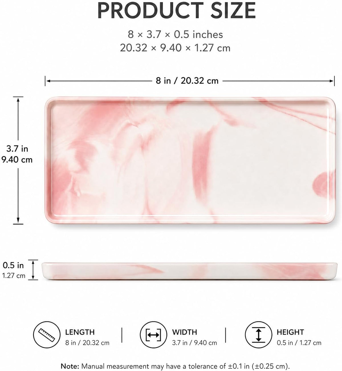 8″ x 3.7″ Ceramic Vanity Tray, Decorative Rectangular Organizer for Bathroom Countertop, Dresser Top, Kitchen & Bathtub, for Soap, Perfume, Candle, Jewelry & Cosmetics (Marble-Pink)