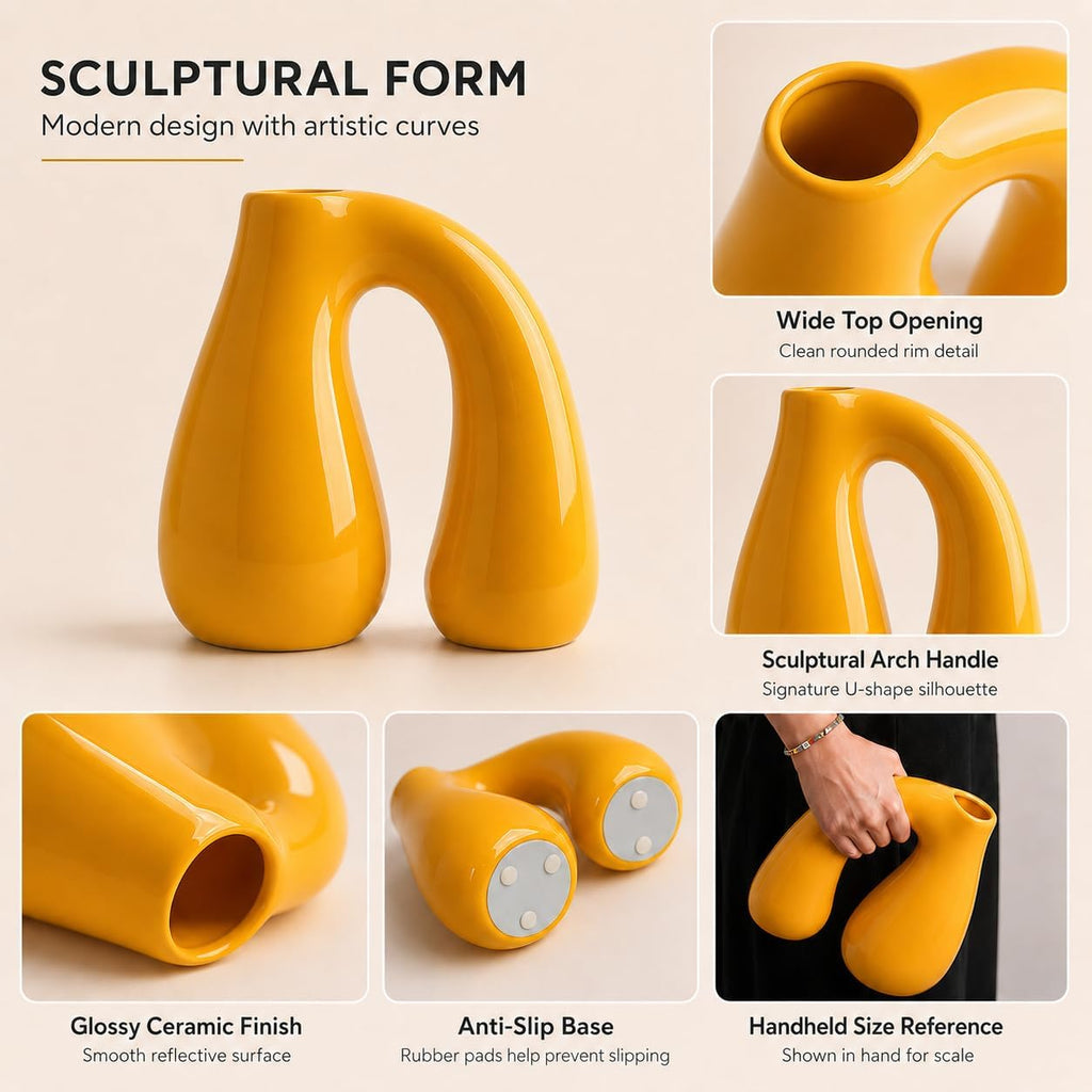 Yellow Ceramic Vase for Pampas, Boho Shelf & Table Decor