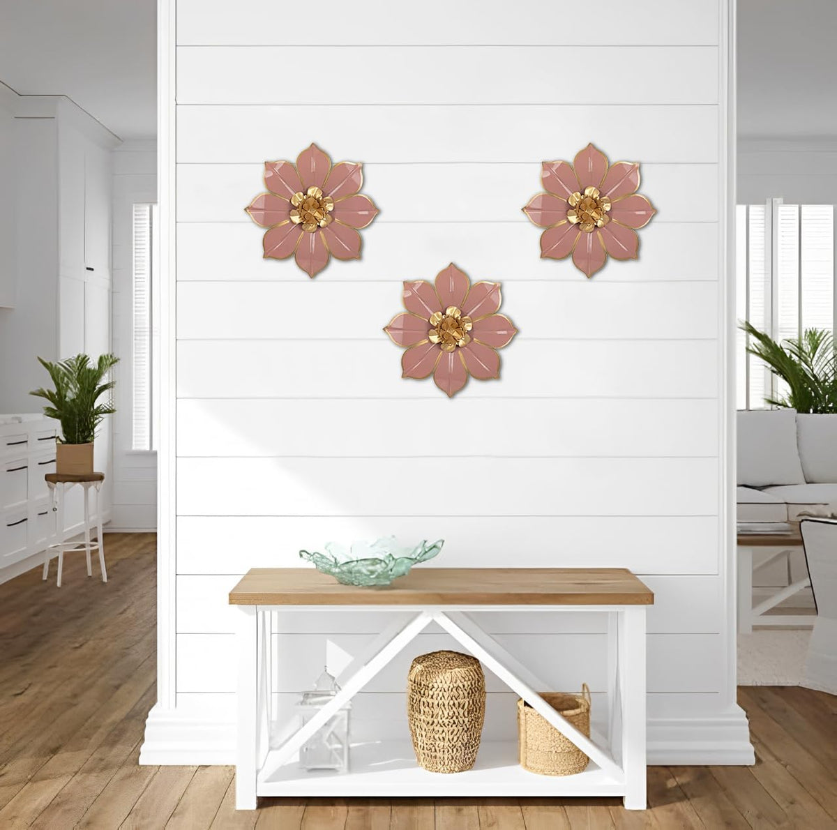 Villa Como Set of 3 Pink and Gold Metal Flowers Wall Art Decor 10"