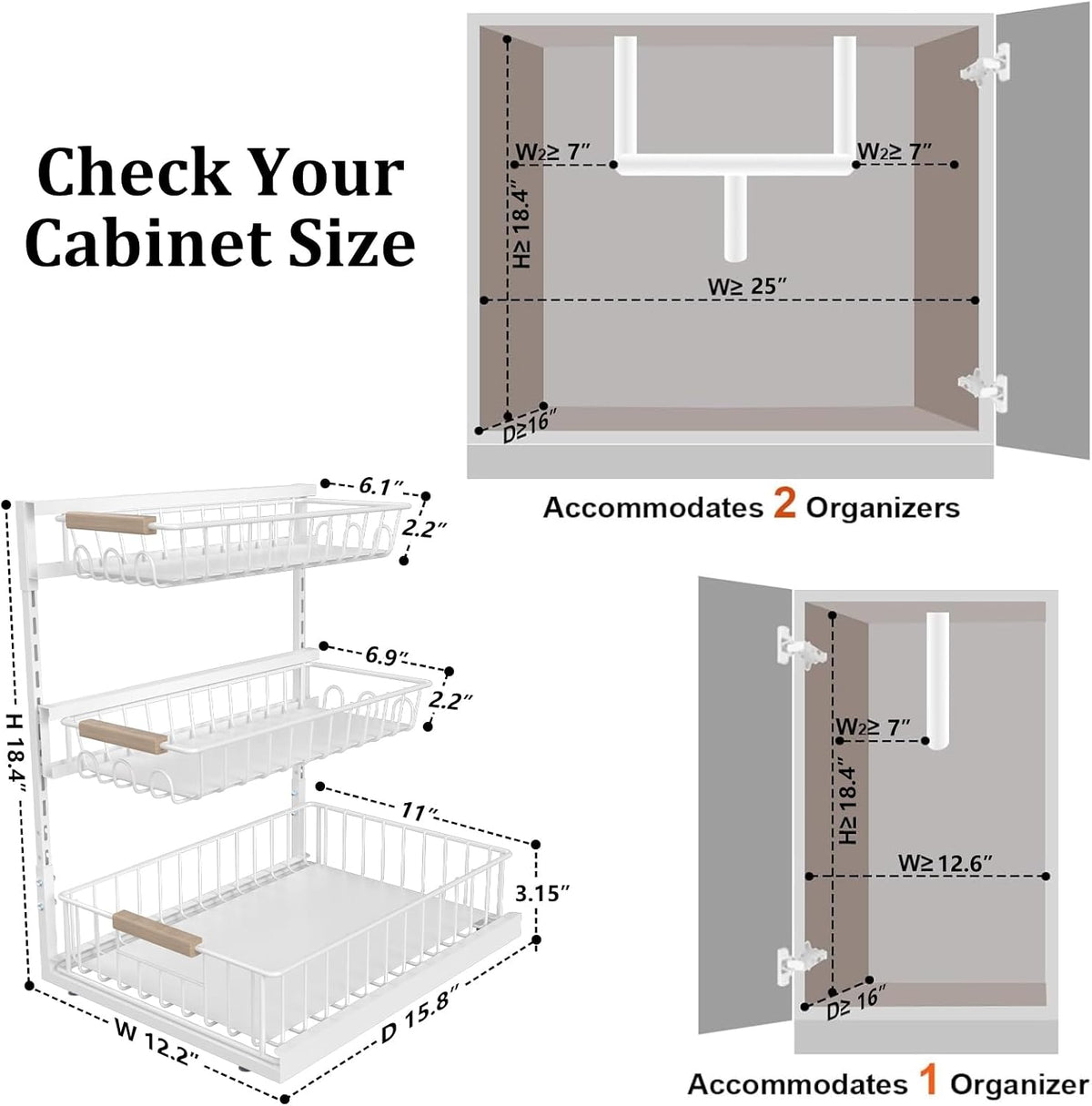 3 Tier Under Sink Organizer, Adjustable Pull Out Metal Storage Drawer