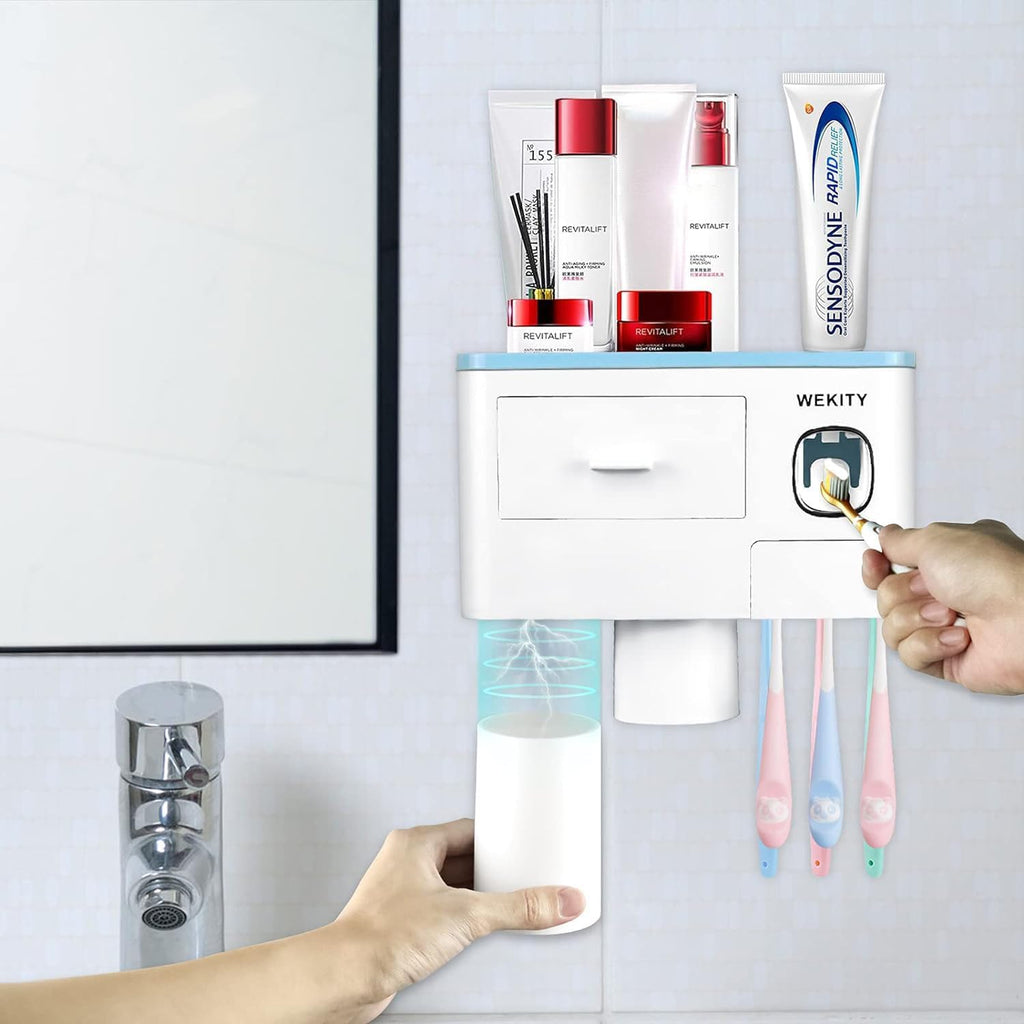 Multifunctional Wall-Mounted Toothbrush Holder, Automatic Toothpaste Dispenser Space Saving Toothbrush and Toothpaste Holder, with 2 Cup and Drawers Cosmetic Organizer (Blue)