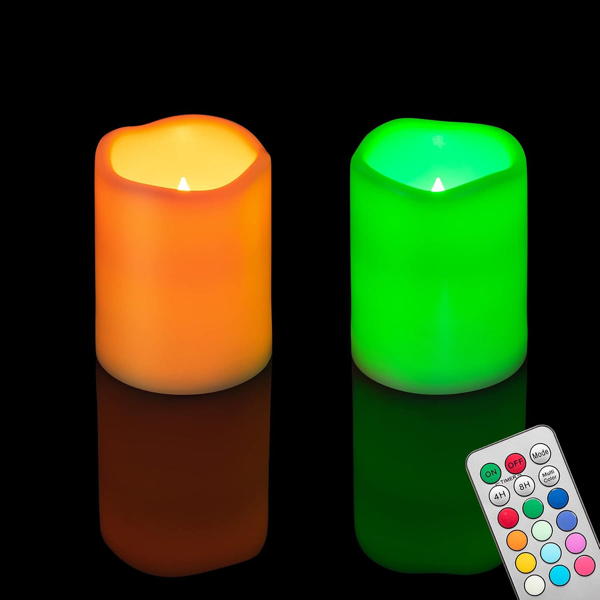 2 PCS 3" x 4" Multi-Color Flameless LED Pillar Candles with Remote Timer/Battery Operated Electric Flickering Plastic LED Fake Candle for Halloween Pumpkin Light Lantern Christmas Decorations