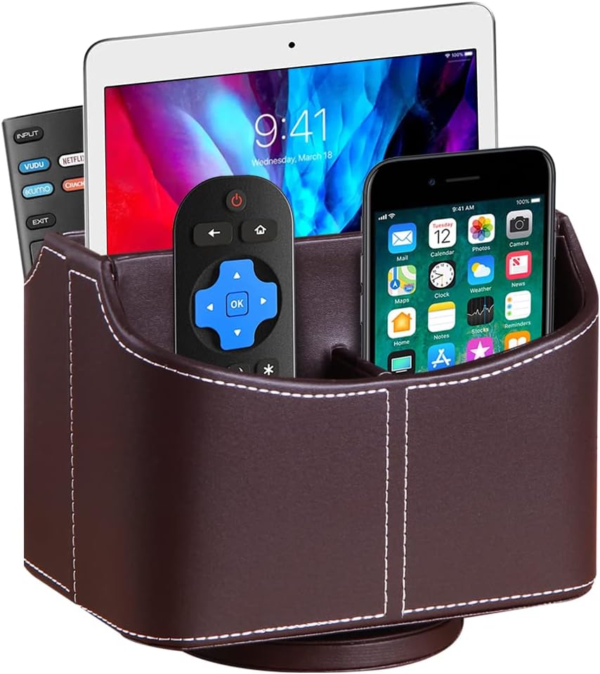 360° Rotating Remote Control Holder, PU Leather TV Remote Caddy, Pen Holder