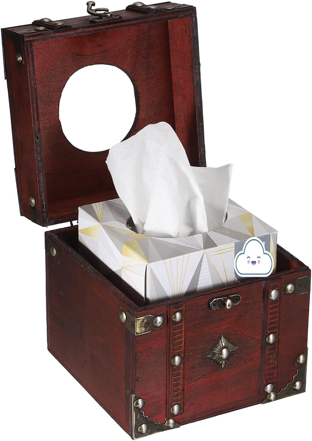 Sumnacon Tissue Box Retro Wood Square Tissue Box Cover Vintage Cube Tissue Box Holder,Decorative Tissue Holder for Bedroom Bathroom Toilet Table Desk Car Store Office Home,Red