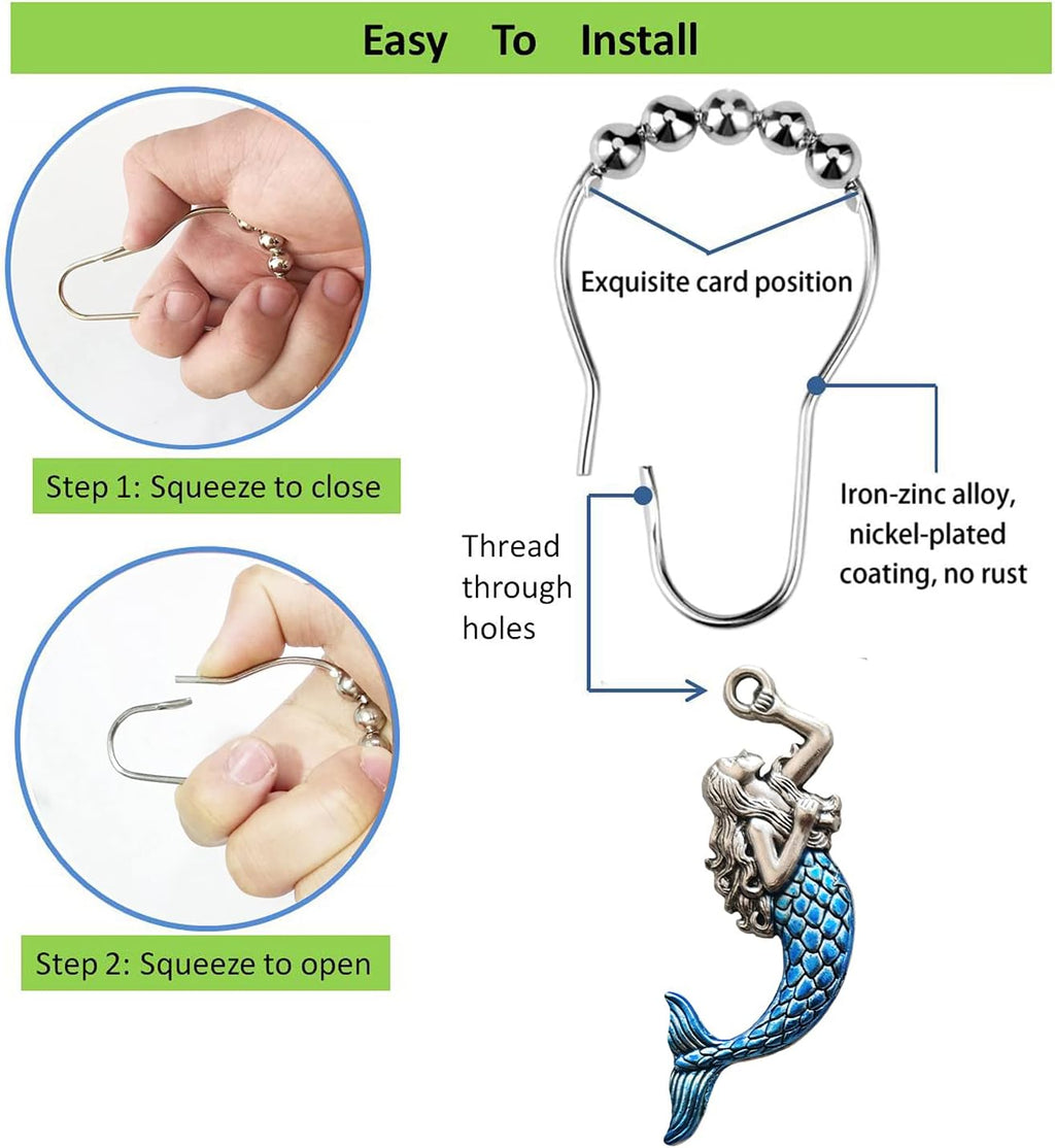 Cute Mermaid Shower Curtain Hooks, Sea Shower Hooks for Shower Curtain