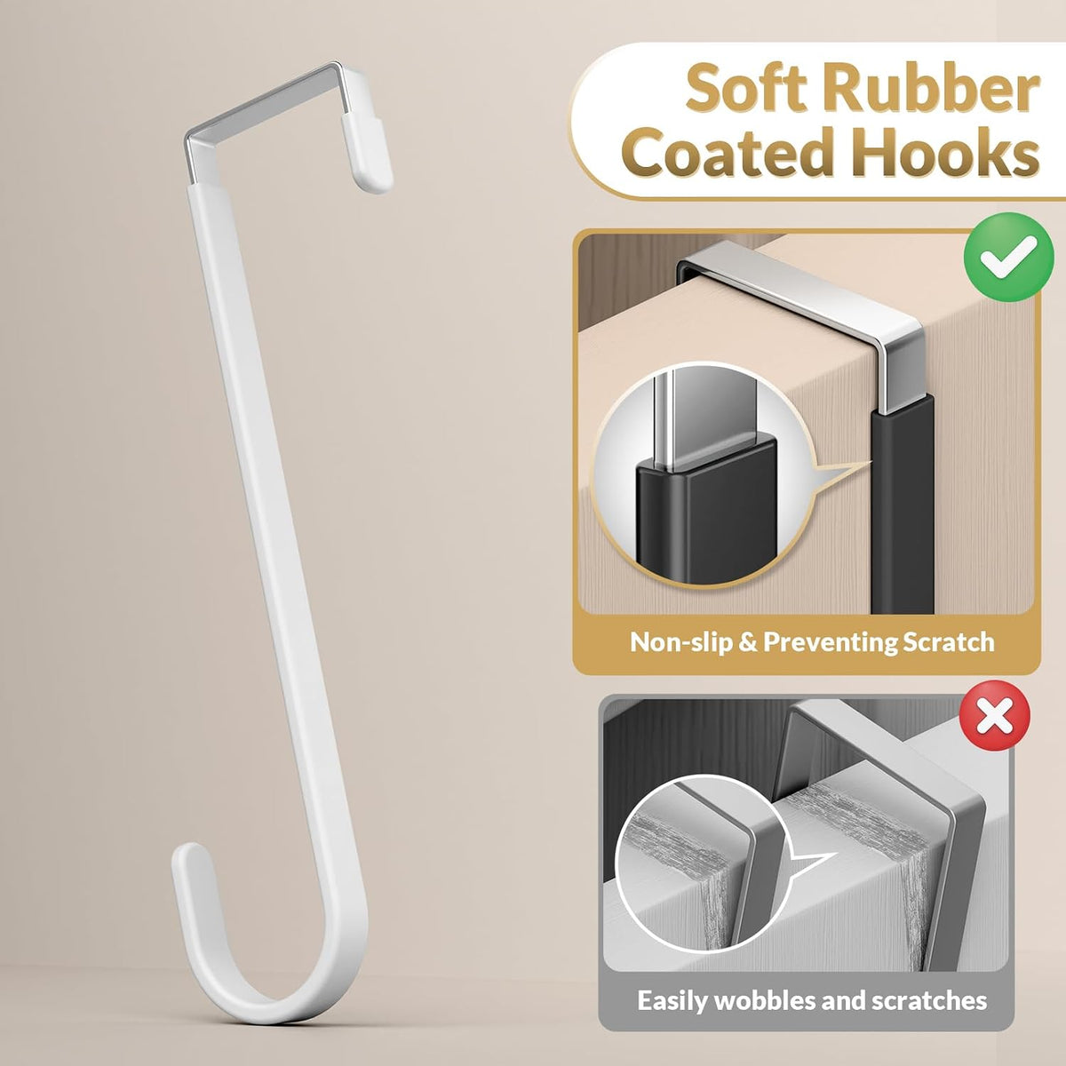 Over the Door Hooks, 4 Pack Heavy Door Hanger Hooks with Non-Slip Rubber, Over Door Hanger for Towels, Coats, Bags, Space Saving Door Coat Hanger for Living Room,Bathroom, Bedroom (White, Long)