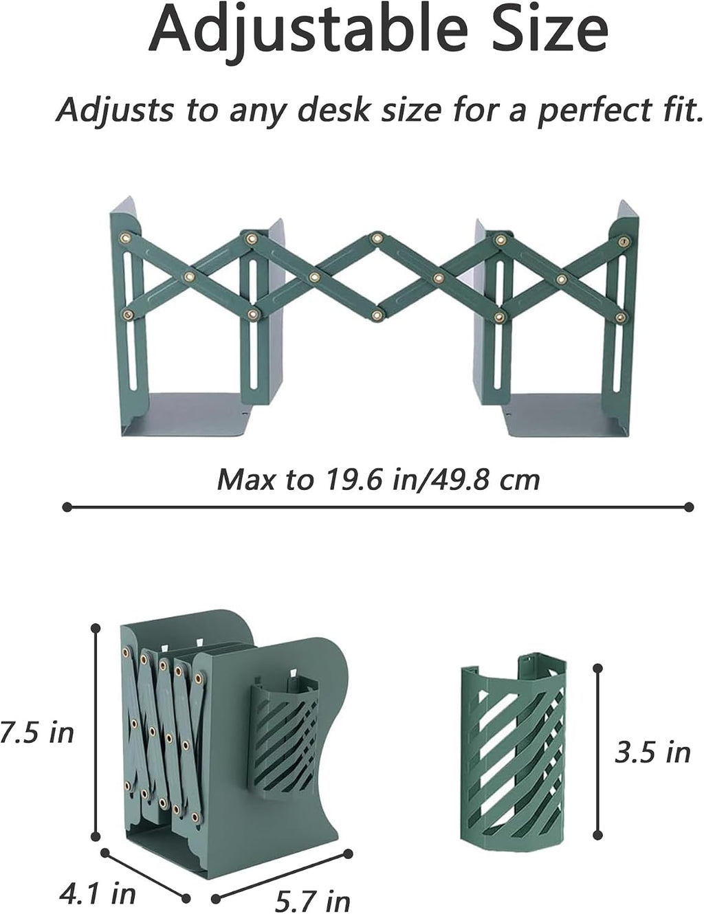 Kingsmile Book Ends, Adjustable Heavy Duty Metal Book Stoppers with Pen Holder for Desk Office Library Kids Room(Green)