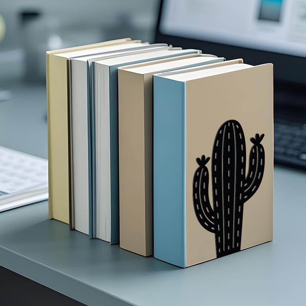 WADORN Cactus Metal Bookends for Shelves Decorative 1 Pair, Cactus Plant Heavy Duty Books End Support Non-Skid Book Holder Black L-Shaped Book Stopper for Home Office Desk Book Divider, 4.7x3.5x7 Inch